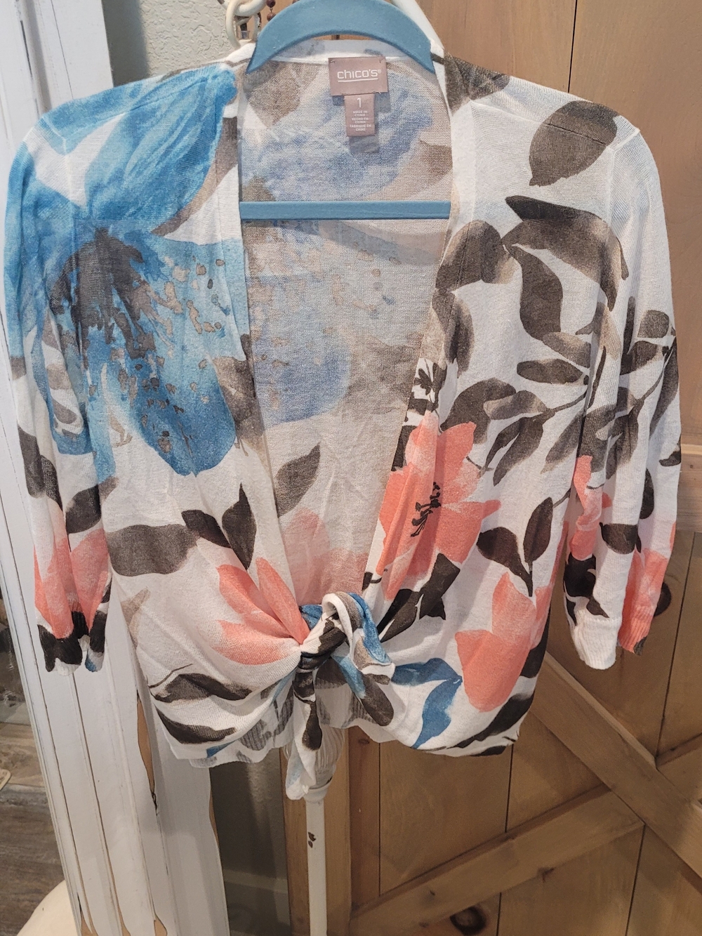 Chico's Coral, Blue & Brown Floral Tie-Front Tunic